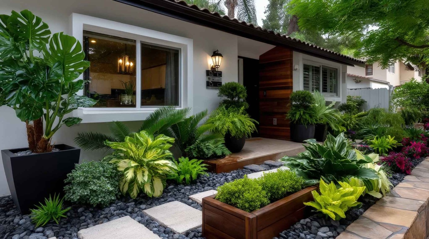 Transformed front entry landscape with tropical plantings in Alhambra, CA